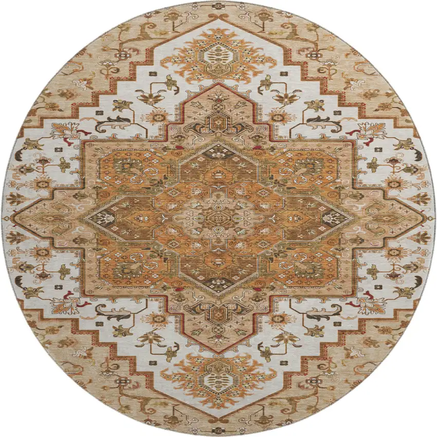 8' Terra Cotta Ivory And Beige Oriental Washable Round Rug With UV Protection Photo 1