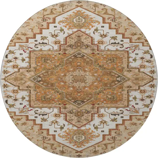 8' Terra Cotta Ivory And Beige Oriental Washable Round Rug With UV Protection Photo 3
