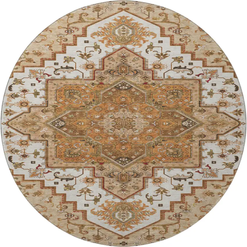 8' Terra Cotta Ivory And Beige Oriental Washable Round Rug With UV Protection Photo 3
