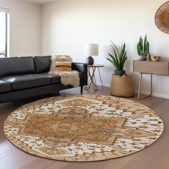 8' Terra Cotta Ivory And Beige Oriental Washable Round Rug With UV Protection Photo 4