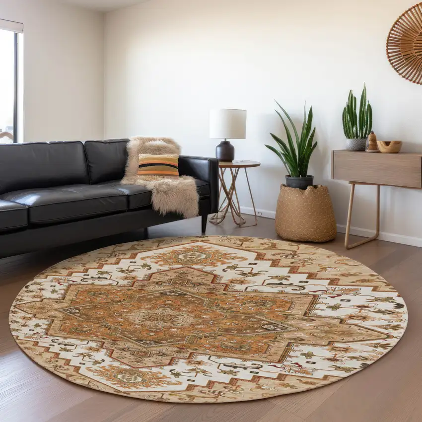 8' Terra Cotta Ivory And Beige Oriental Washable Round Rug With UV Protection Photo 4