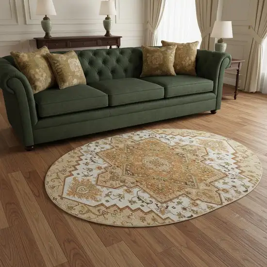 8' Terra Cotta Ivory And Beige Oriental Washable Round Rug With UV Protection Photo 2