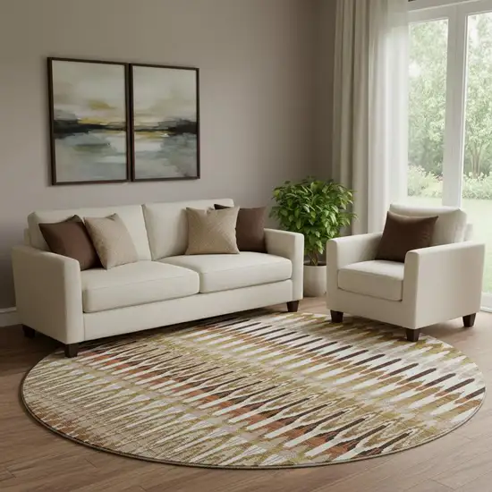 8' Terra Cotta Ivory And Beige Southwestern Washable Round Rug With UV Protection Photo 1