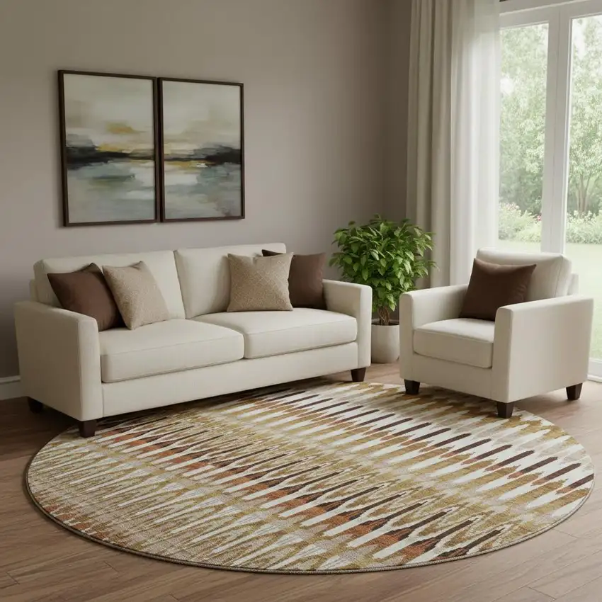 8' Terra Cotta Ivory And Beige Southwestern Washable Round Rug With UV Protection Photo 1