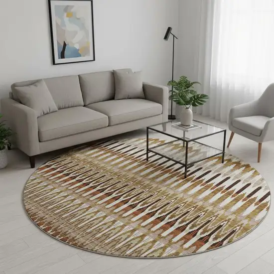 8' Terra Cotta Ivory And Beige Southwestern Washable Round Rug With UV Protection Photo 2