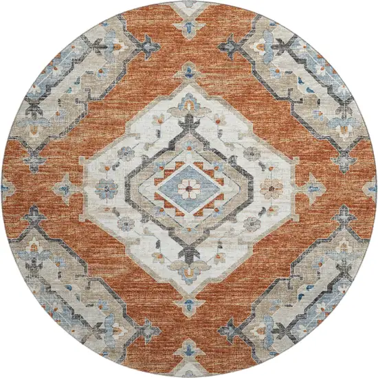 8' Terra Cotta Ivory And Blue Tribal Washable Round Rug With UV Protection Photo 2