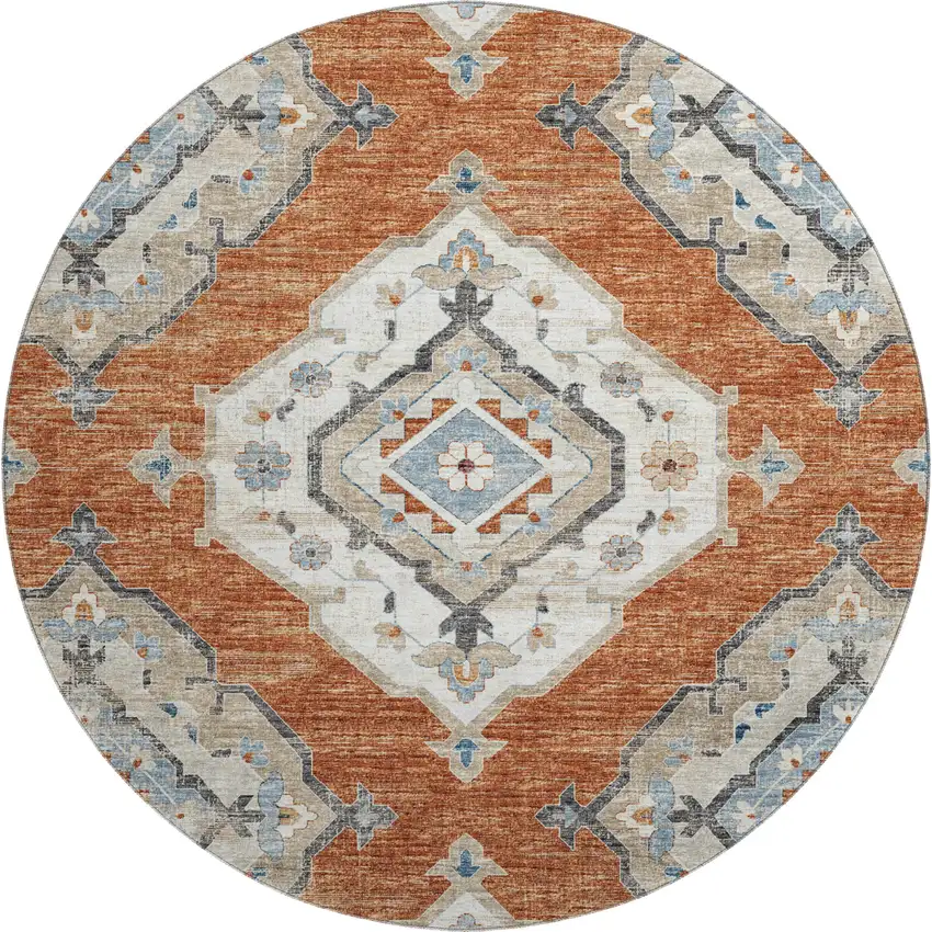 8' Terra Cotta Ivory And Blue Tribal Washable Round Rug With UV Protection Photo 2