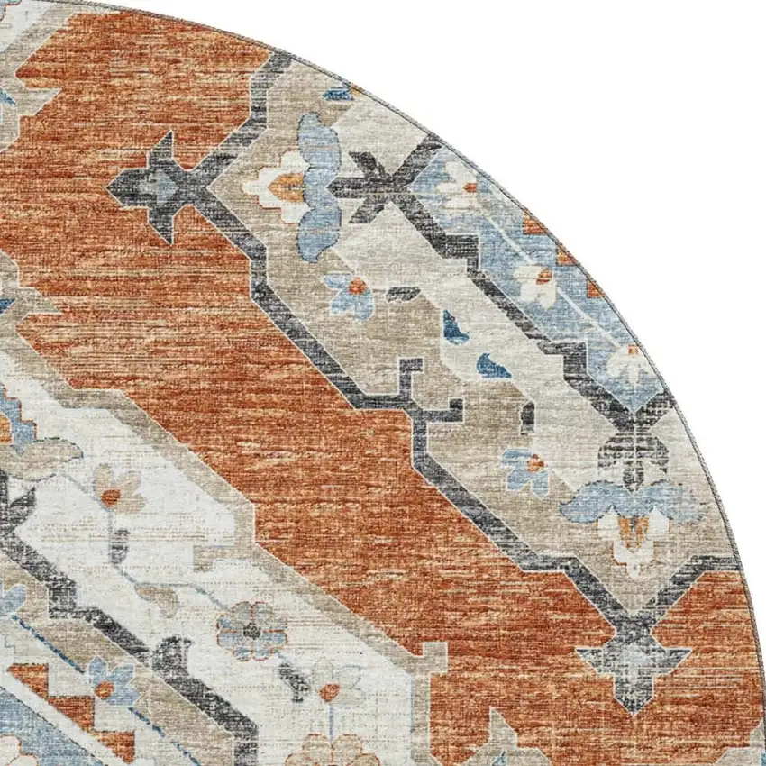 8' Terra Cotta Ivory And Blue Tribal Washable Round Rug With UV Protection Photo 4