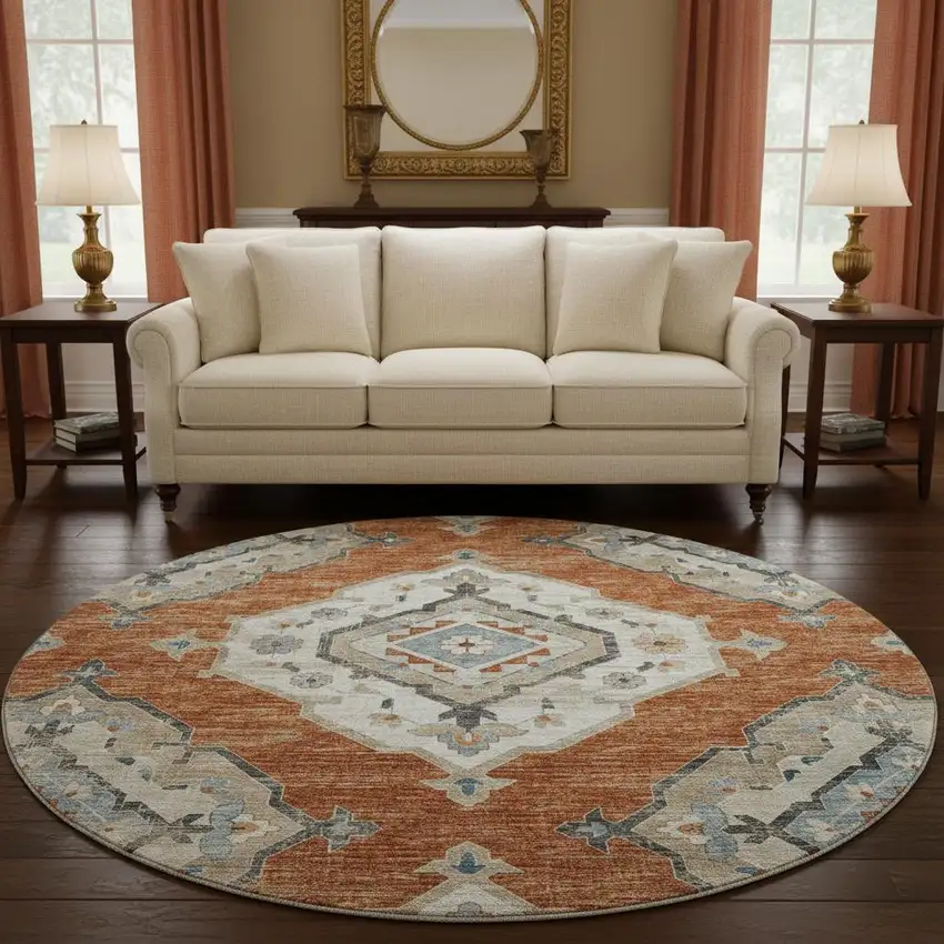 8' Terra Cotta Ivory And Blue Tribal Washable Round Rug With UV Protection Photo 1