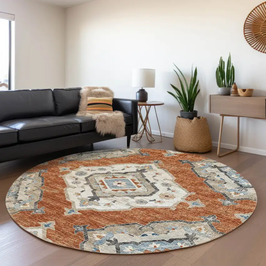 8' Terra Cotta Ivory And Blue Tribal Washable Round Rug With UV Protection Photo 6