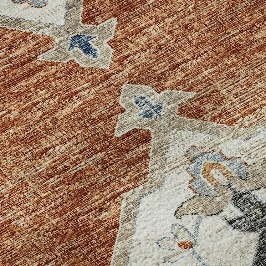 8' Terra Cotta Ivory And Blue Tribal Washable Round Rug With UV Protection Photo 9