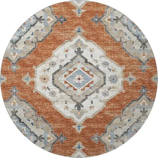8' Terra Cotta Ivory And Blue Tribal Washable Round Rug With UV Protection Photo 5