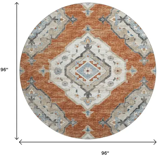 8' Terra Cotta Ivory And Blue Tribal Washable Round Rug With UV Protection Photo 3