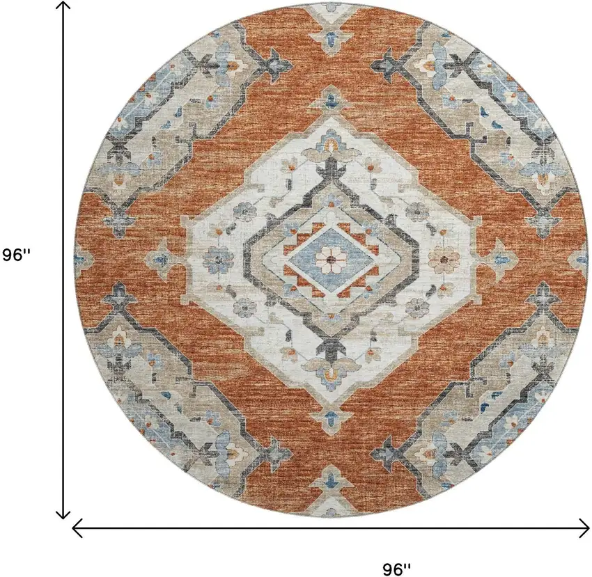 8' Terra Cotta Ivory And Blue Tribal Washable Round Rug With UV Protection Photo 3