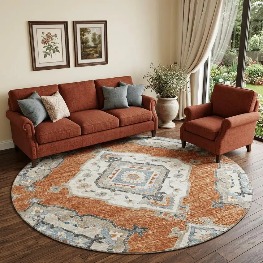 8' Terra Cotta Ivory And Blue Tribal Distressed Washable Round Rug With UV Protection Photo 1