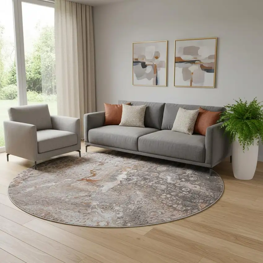 8' Terra Cotta Ivory And Gray Abstract Washable Round Rug With UV Protection Photo 1