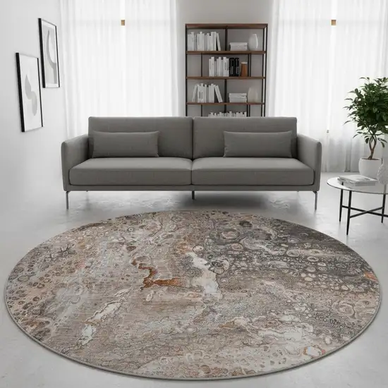 8' Terra Cotta Ivory And Gray Abstract Washable Round Rug With UV Protection Photo 2