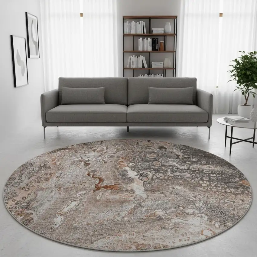 8' Terra Cotta Ivory And Gray Abstract Washable Round Rug With UV Protection Photo 2