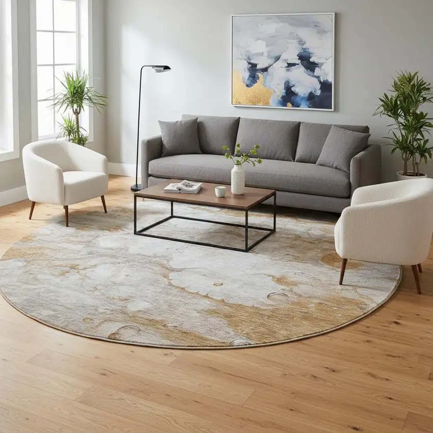 8' Terra Cotta Ivory And Gray Abstract Washable Round Rug With UV Protection Photo 2