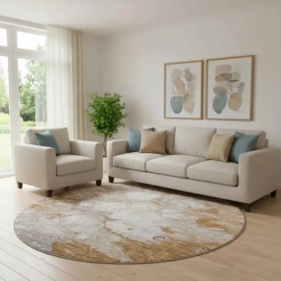 8' Terra Cotta Ivory And Gray Abstract Washable Round Rug With UV Protection Photo 1