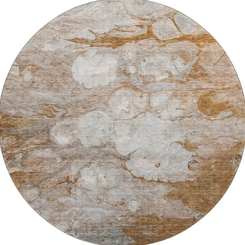 8' Terra Cotta Ivory And Gray Abstract Washable Round Rug With UV Protection Photo 1