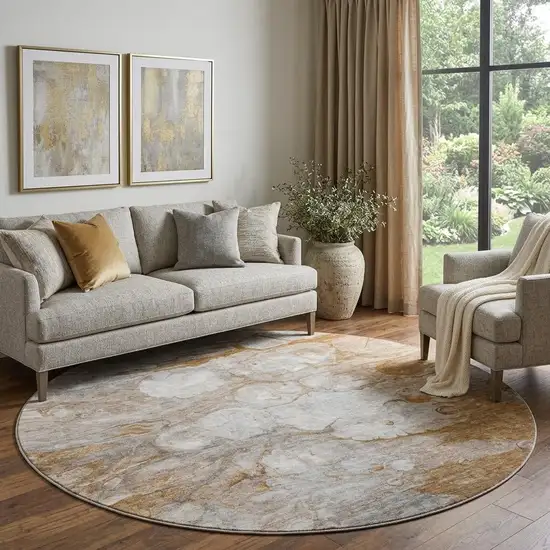 8' Terra Cotta Ivory And Gray Abstract Washable Round Rug With UV Protection Photo 1