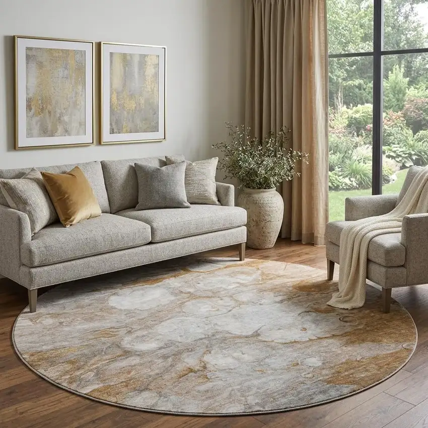 8' Terra Cotta Ivory And Gray Abstract Washable Round Rug With UV Protection Photo 1