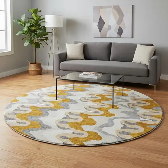 8' Terra Cotta Ivory And Gray Abstract Washable Round Rug With UV Protection Photo 2