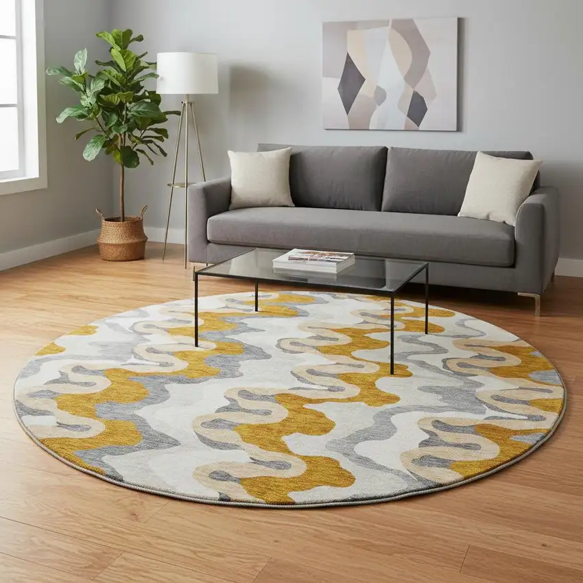 8' Terra Cotta Ivory And Gray Abstract Washable Round Rug With UV Protection Photo 2