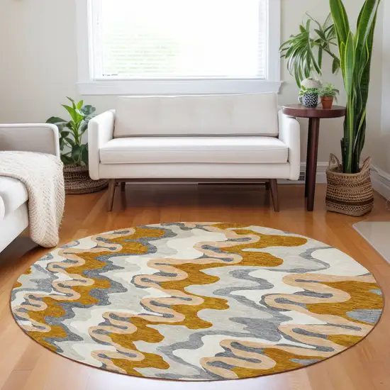 8' Terra Cotta Ivory And Gray Abstract Washable Round Rug With UV Protection Photo 5