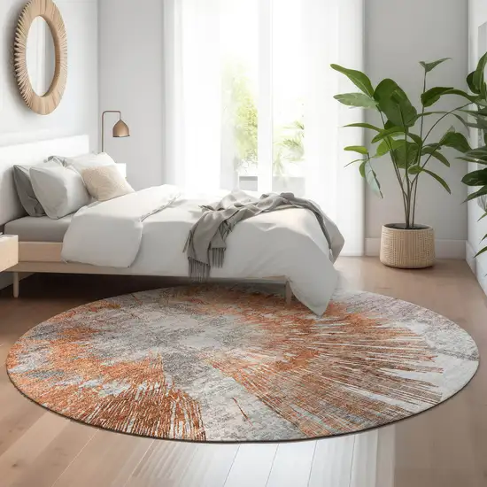 8' Terra Cotta Ivory And Gray Abstract Washable Round Rug With UV Protection Photo 5