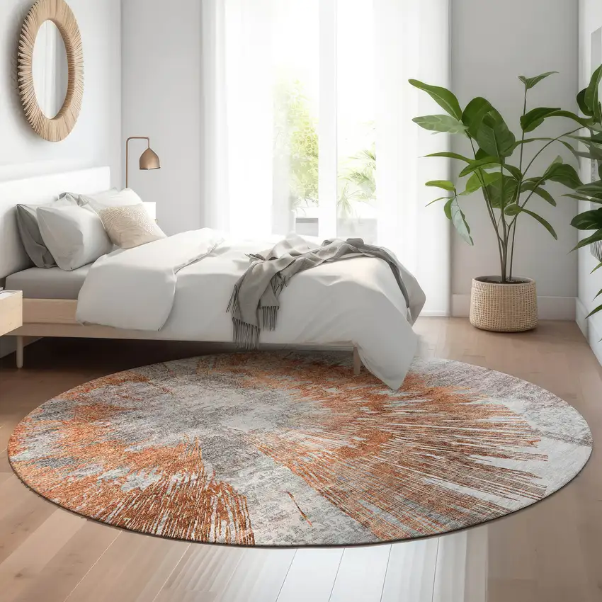 8' Terra Cotta Ivory And Gray Abstract Washable Round Rug With UV Protection Photo 5