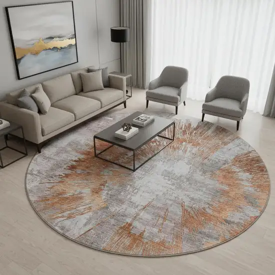 8' Terra Cotta Ivory And Gray Abstract Washable Round Rug With UV Protection Photo 2