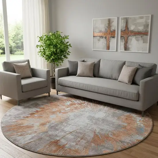 8' Terra Cotta Ivory And Gray Abstract Washable Round Rug With UV Protection Photo 1