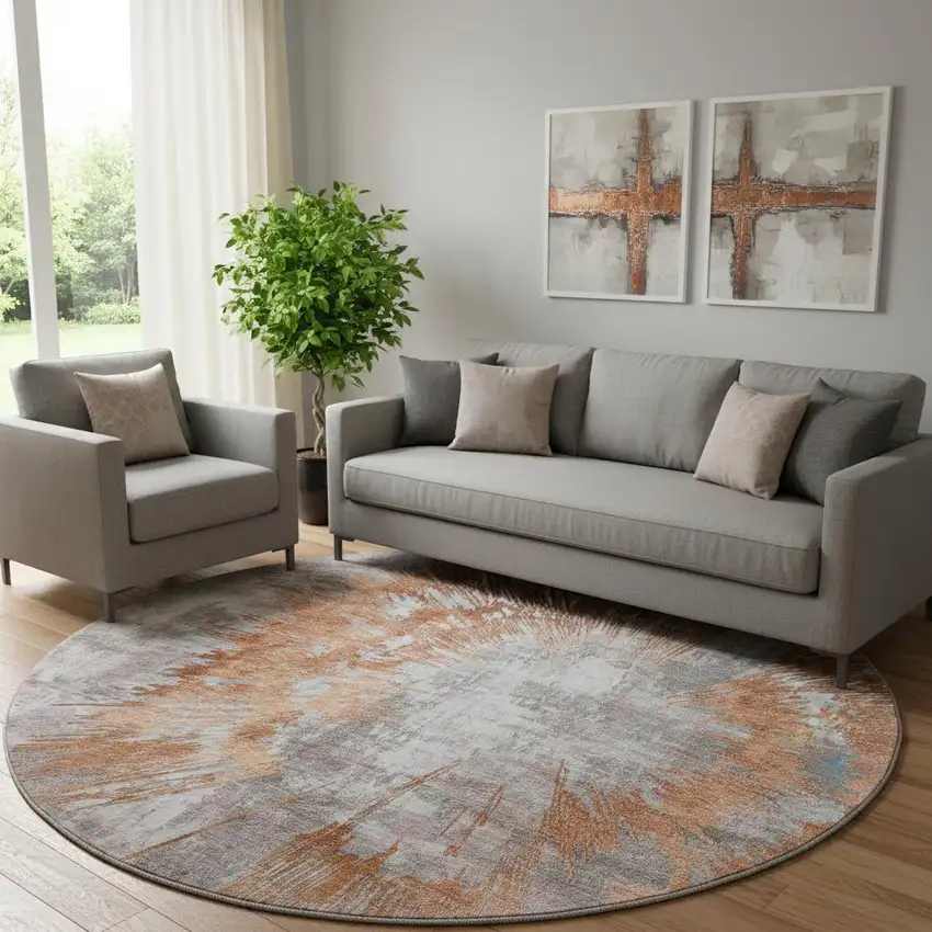 8' Terra Cotta Ivory And Gray Abstract Washable Round Rug With UV Protection Photo 1