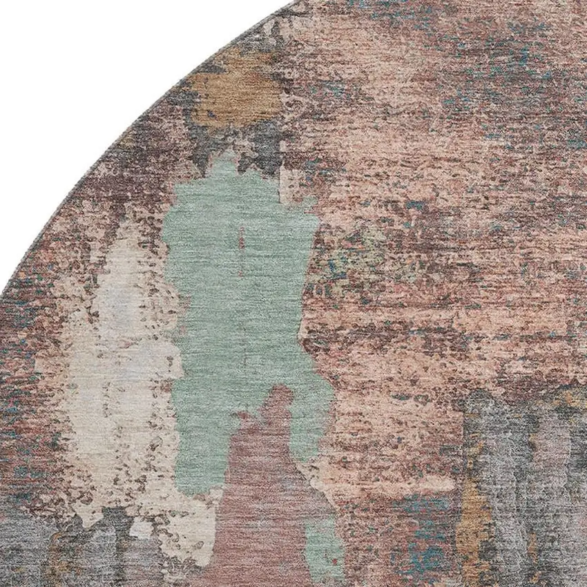 8' Terra Cotta Ivory And Gray Abstract Washable Round Rug With UV Protection Photo 3