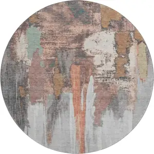 Photo of 8' Terra Cotta Ivory And Gray Abstract Washable Round Rug With UV Protection