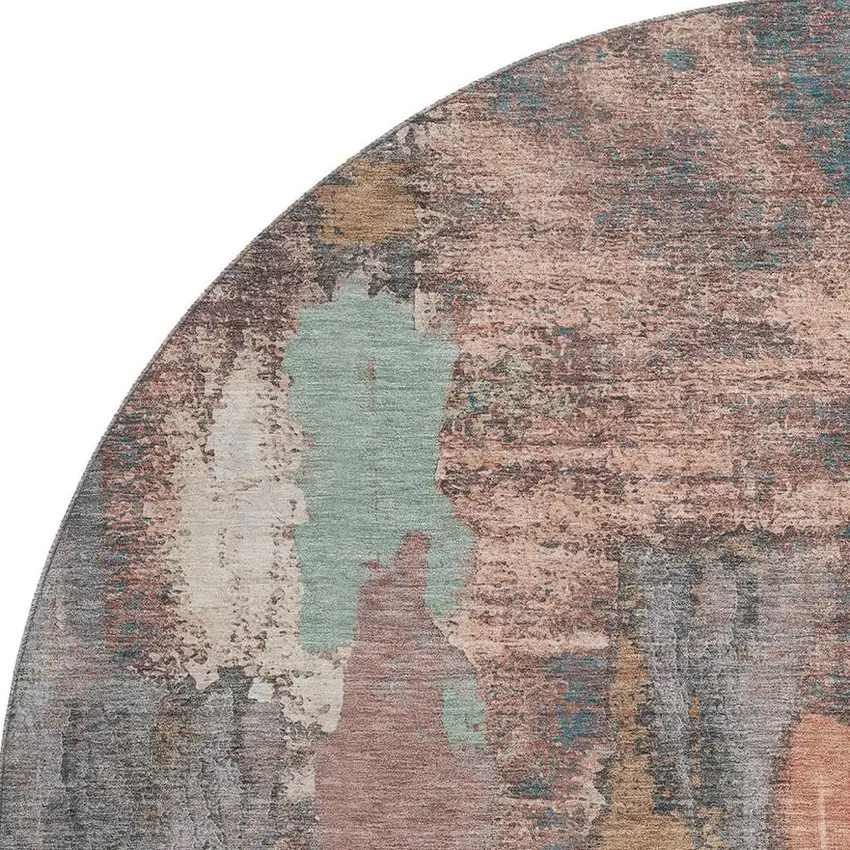 8' Terra Cotta Ivory And Gray Abstract Washable Round Rug With UV Protection Photo 4