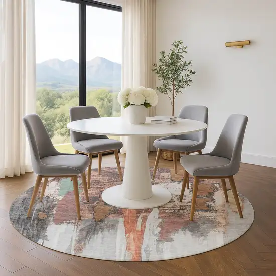 8' Terra Cotta Ivory And Gray Abstract Washable Round Rug With UV Protection Photo 5