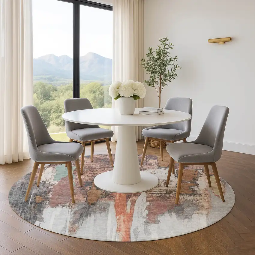 8' Terra Cotta Ivory And Gray Abstract Washable Round Rug With UV Protection Photo 5