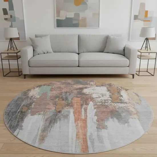 8' Terra Cotta Ivory And Gray Abstract Washable Round Rug With UV Protection Photo 2