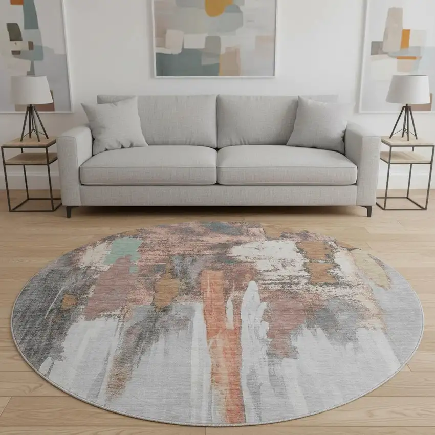 8' Terra Cotta Ivory And Gray Abstract Washable Round Rug With UV Protection Photo 2
