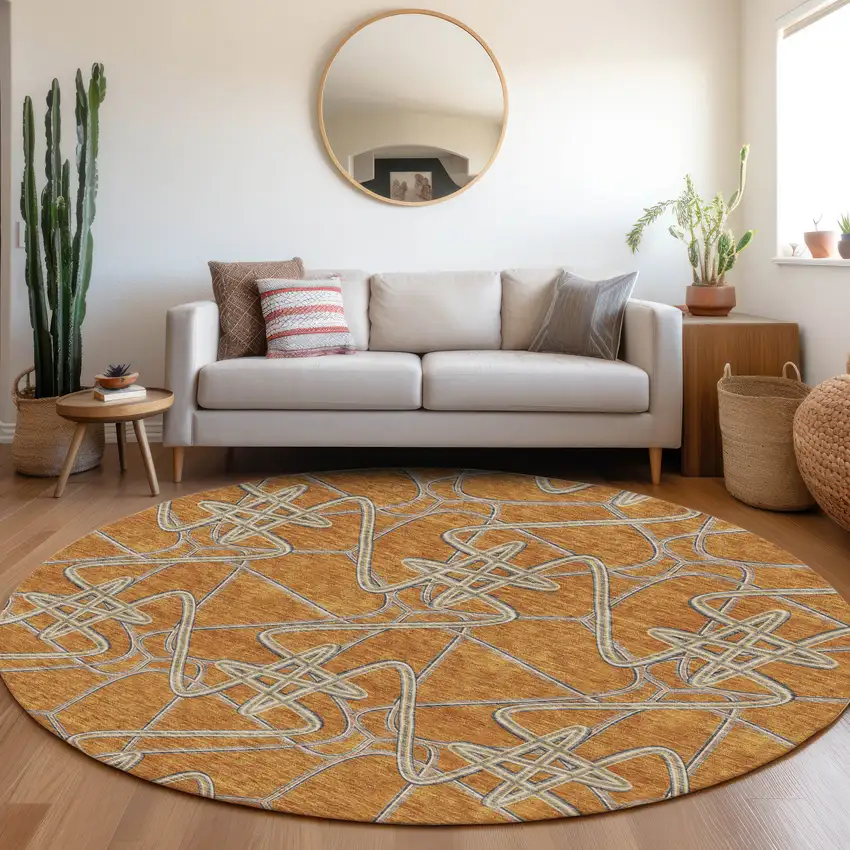 8' Terra Cotta Ivory And Gray Geometric Washable Round Rug With UV Protection Photo 4
