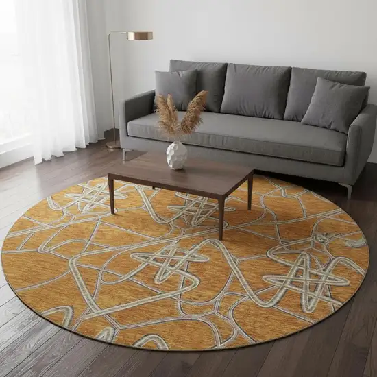 8' Terra Cotta Ivory And Gray Geometric Washable Round Rug With UV Protection Photo 2