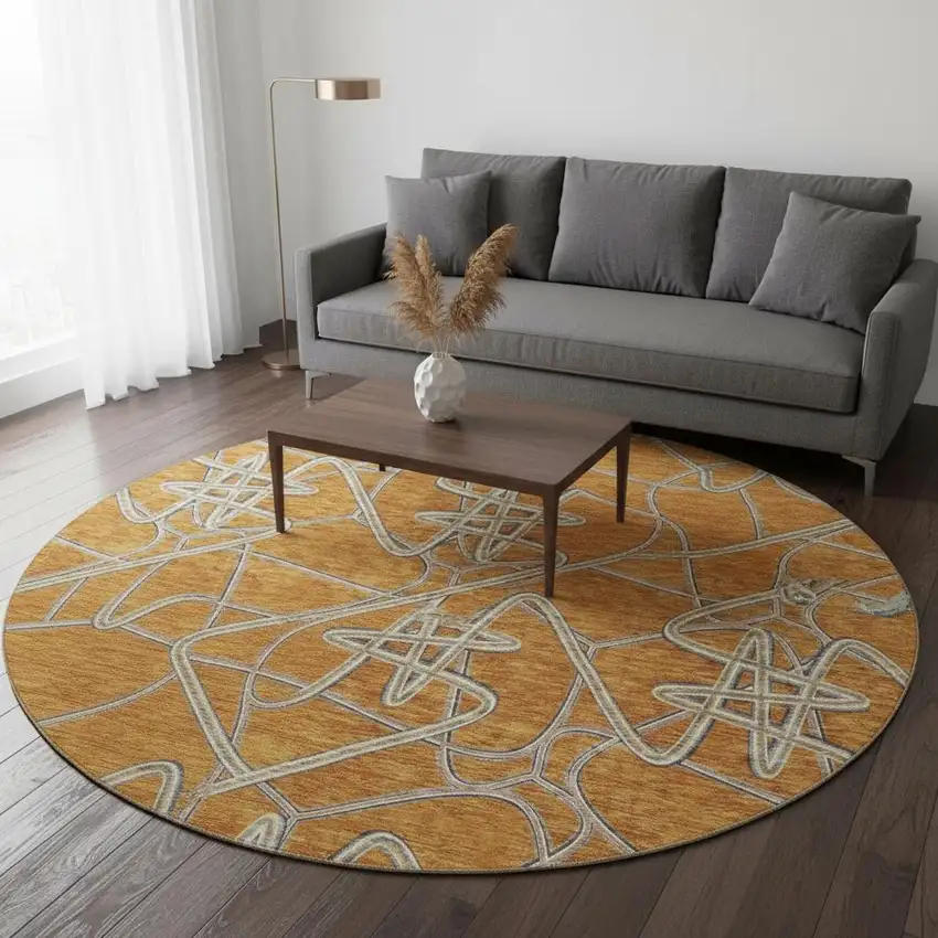 8' Terra Cotta Ivory And Gray Geometric Washable Round Rug With UV Protection Photo 2