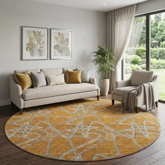 8' Terra Cotta Ivory And Gray Geometric Washable Round Rug With UV Protection Photo 1