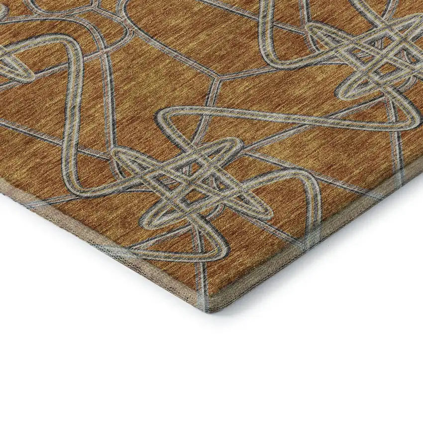 8' Terra Cotta Ivory And Gray Geometric Washable Round Rug With UV Protection Photo 6