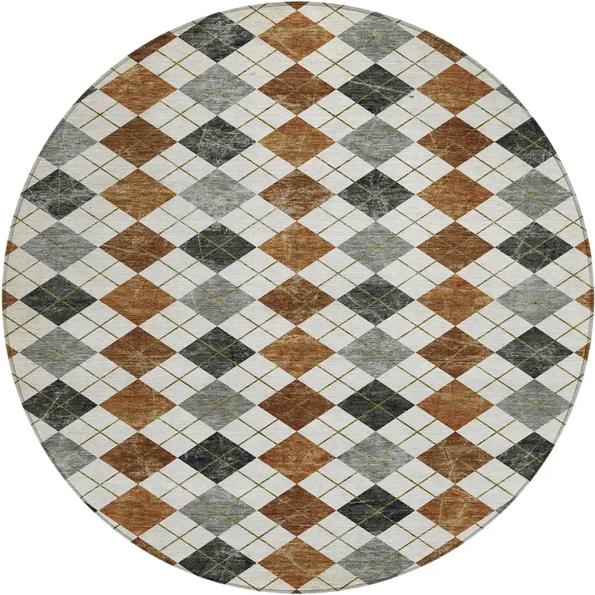8' Terra Cotta Ivory And Gray Round Geometric Washable Indoor Outdoor Area Rug Photo 2