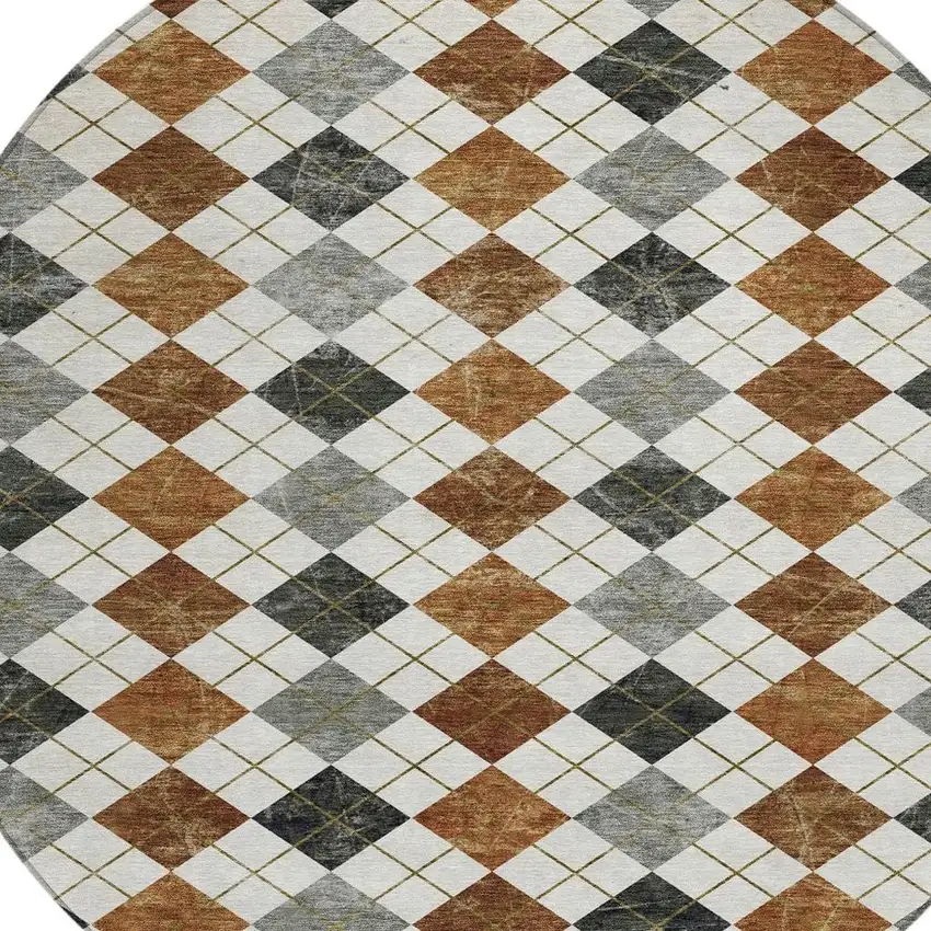 8' Terra Cotta Ivory And Gray Round Geometric Washable Indoor Outdoor Area Rug Photo 6