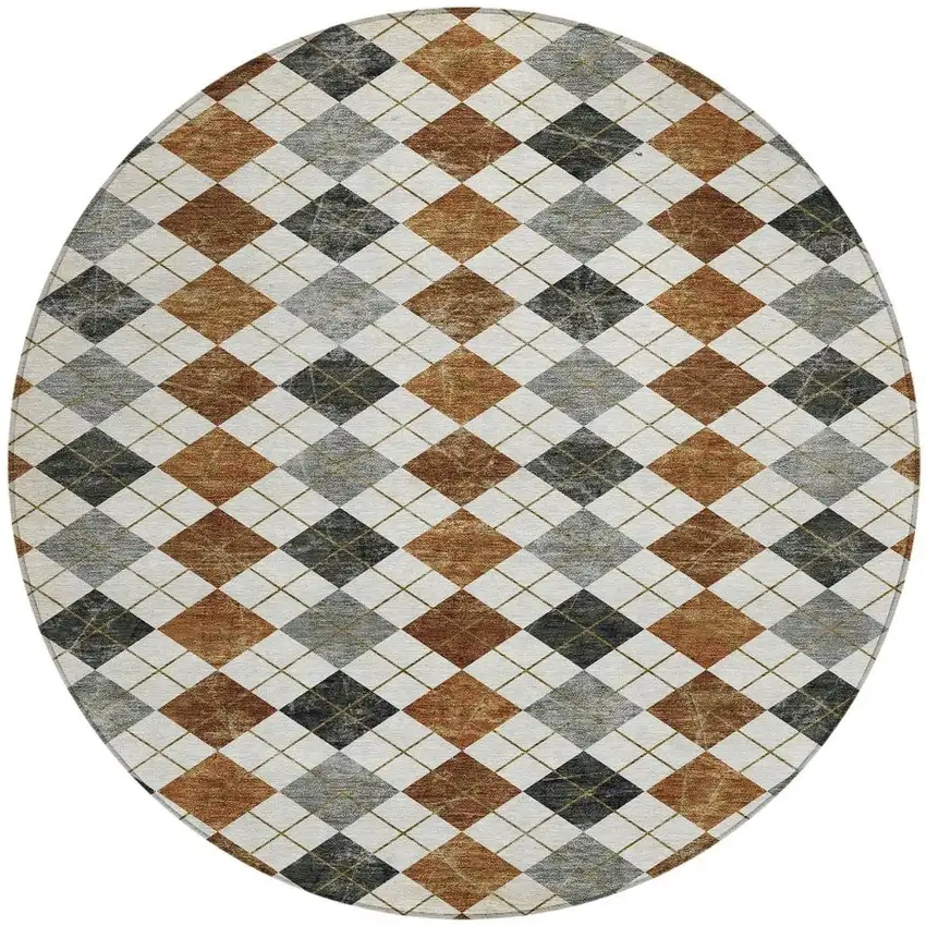 8' Terra Cotta Ivory And Gray Round Geometric Washable Indoor Outdoor Area Rug Photo 5